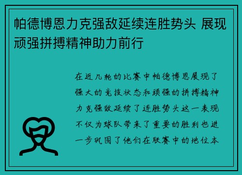 帕德博恩力克强敌延续连胜势头 展现顽强拼搏精神助力前行