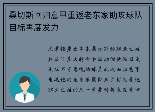 桑切斯回归意甲重返老东家助攻球队目标再度发力