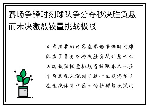 赛场争锋时刻球队争分夺秒决胜负悬而未决激烈较量挑战极限
