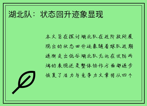 湖北队：状态回升迹象显现